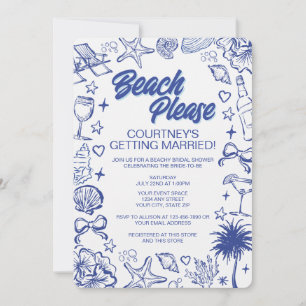 Whimsical Blue Hand Drawn Beach Bridal Shower Invitation