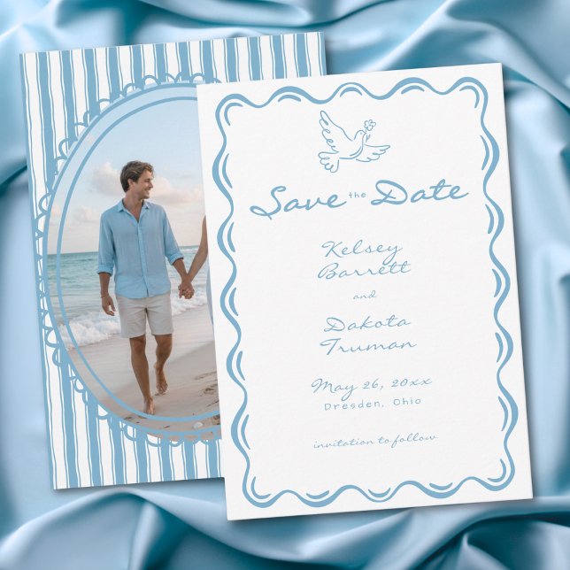 Whimsical Blue Hand Drawn Floral Stripe Photo Save The Date (Whimsical Blue Hand Drawn Floral Stripe Photo Save The Date)