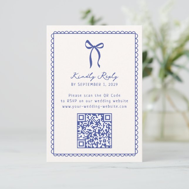 Whimsical, blue Hand drawn Wedding QR code Rsvp  (Standing Front)