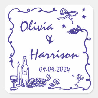 Whimsical Blue Hand Drawn Wedding Square Sticker