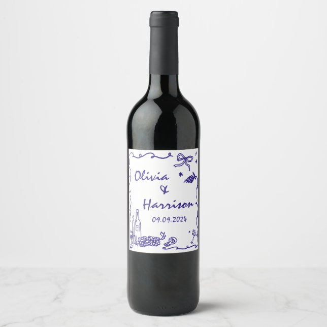 Whimsical Blue Hand Drawn Wedding Wine Label (Front)