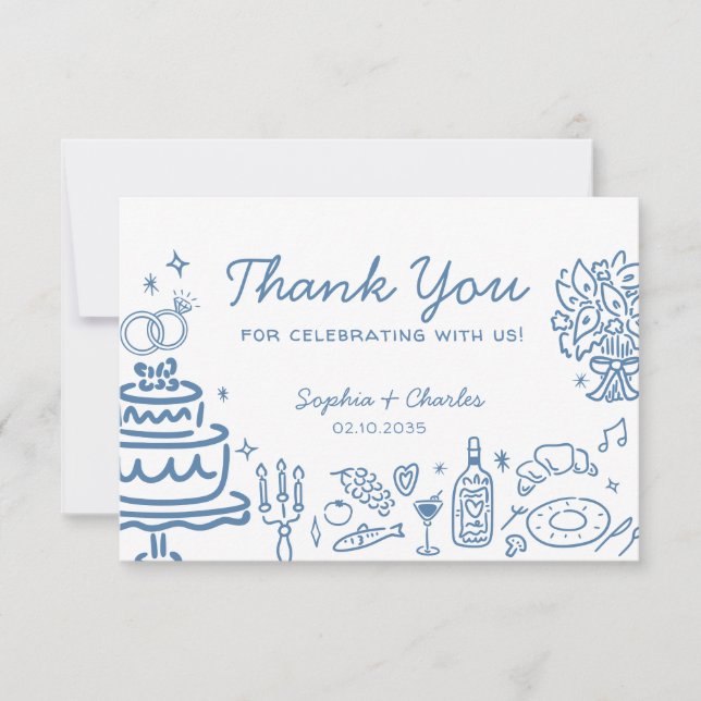Whimsical Blue HandDrawn Doodles Wedding Thank You Card (Front)