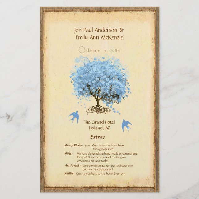 Whimsical Blue Heart Leaf Tree Wedding Program (Front)