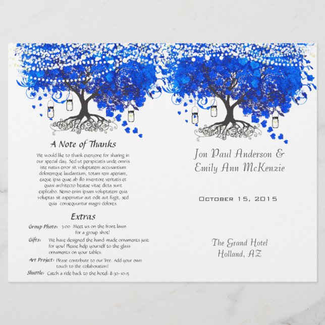 Whimsical Blue Heart Leaf Tree Wedding Programme (Devant)