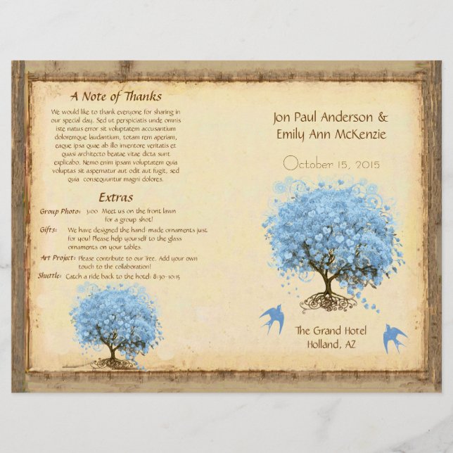 Whimsical Blue Heart Leaf Tree Wedding Programme (Devant)