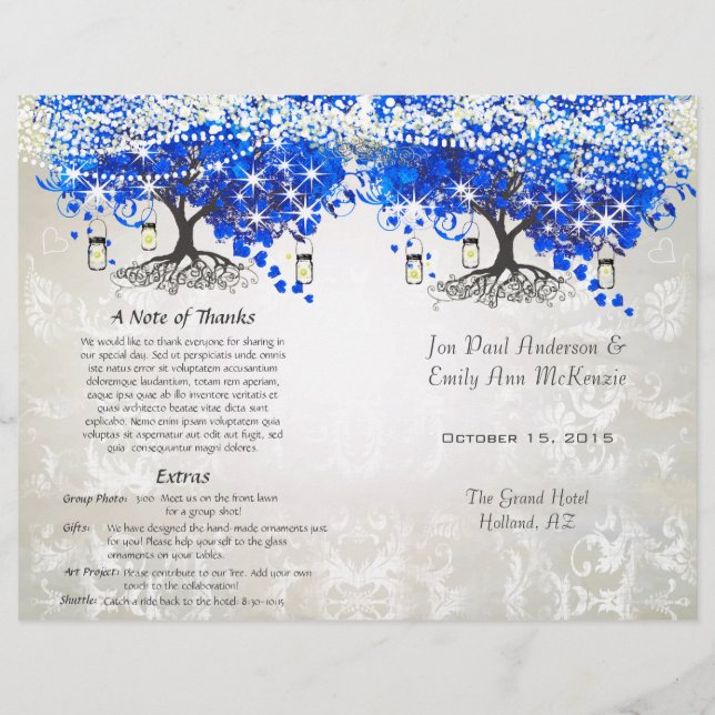 Whimsical Blue Heart Leaf Tree Wedding Programme (Devant)