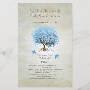 Whimsical Blue Heart Leaf Tree Wedding Programme