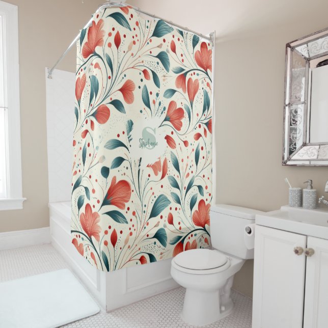 Whimsical Blue Leaf & Red Floral Pattern (In Situ)