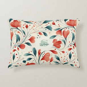 Whimsical Blue Leaf & Red Floral Pattern Accent Pillow