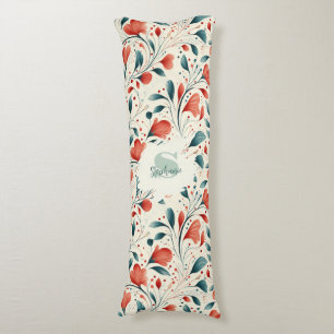 Whimsical Blue Leaf & Red Floral Pattern Body Pillow