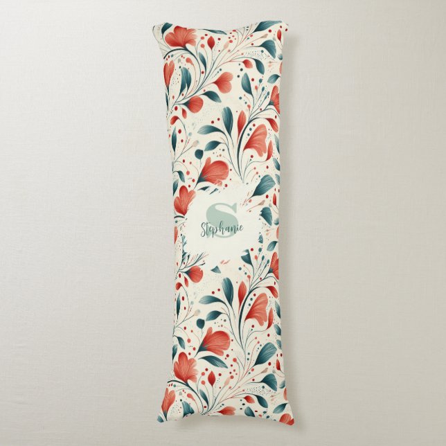 Whimsical Blue Leaf & Red Floral Pattern Body Pillow (Front Vertical)