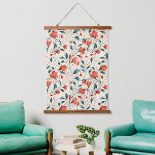 Whimsical Blue Leaf & Red Floral Pattern Hanging Tapestry