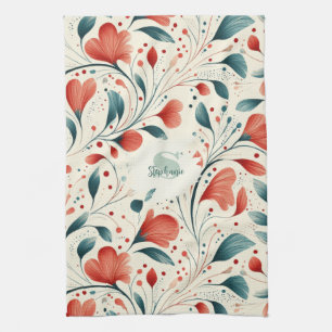 Whimsical Blue Leaf & Red Floral Pattern Kitchen Towel