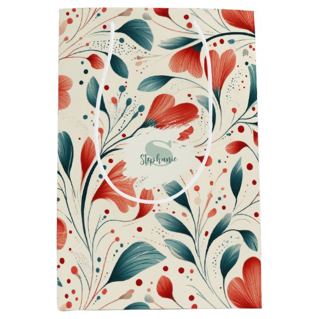 Whimsical Blue Leaf & Red Floral Pattern Medium Gift Bag (Front)
