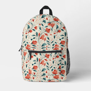 Whimsical Blue Leaf & Red Floral Pattern Printed Backpack