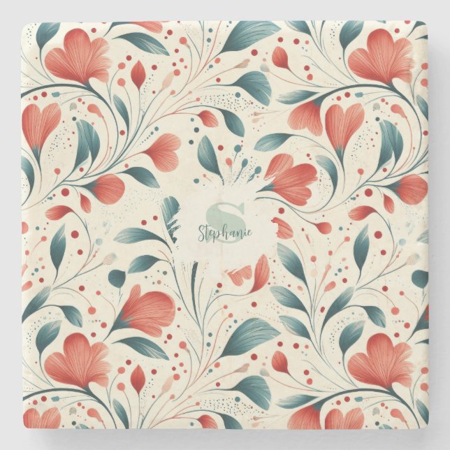 Whimsical Blue Leaf & Red Floral Pattern Stone Coaster (Front)