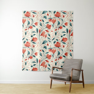 Whimsical Blue Leaf & Red Floral Pattern Tapestry