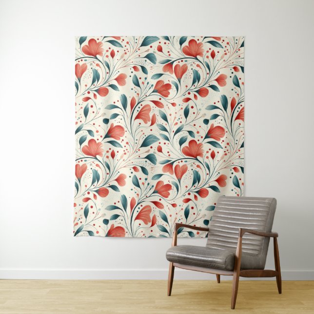 Whimsical Blue Leaf & Red Floral Pattern Tapestry (In Situ)
