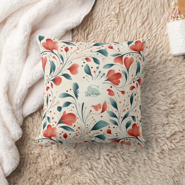 Whimsical Blue Leaf & Red Floral Pattern Throw Pillow (Blanket)