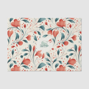 Whimsical Blue Leaf & Red Floral Pattern Tissue Paper