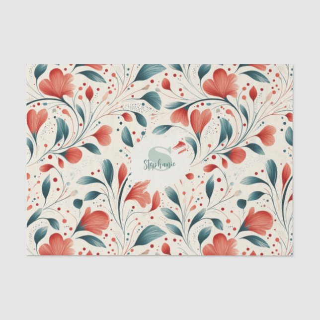 Whimsical Blue Leaf & Red Floral Pattern Tissue Paper (Front)