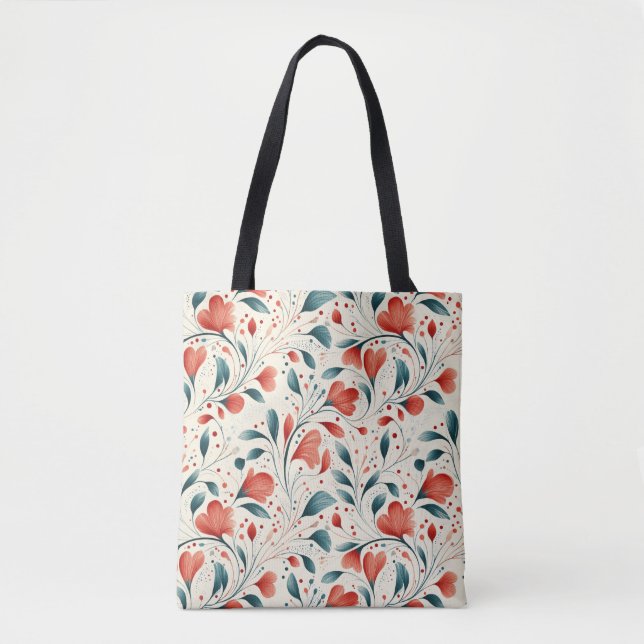 Whimsical Blue Leaf & Red Floral Pattern Tote Bag (Front)