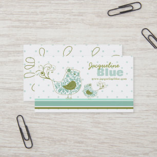 Whimsical Blue Mommy And Baby Bird Damask Swirls Business Card
