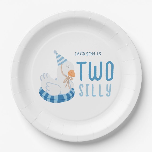 Whimsical Blue One Silly Goose First Birthday Paper Plate (Front)