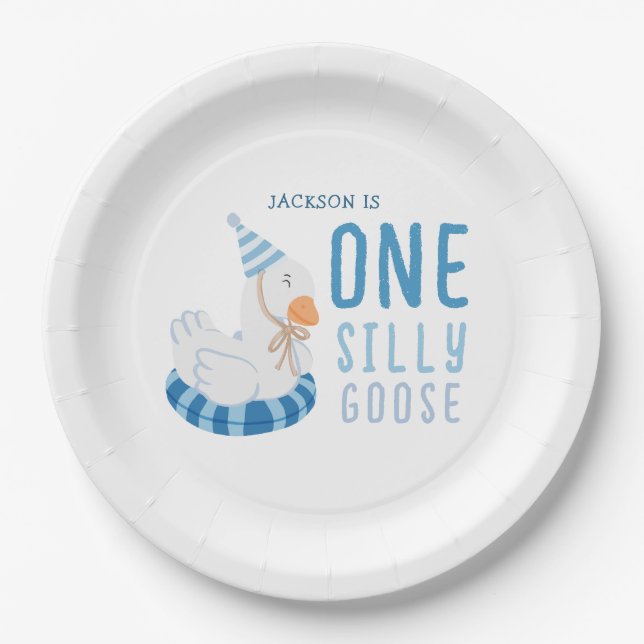 Whimsical Blue One Silly Goose First Birthday Paper Plate (Front)