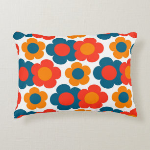 Whimsical Blue & Orange Floral Retro Cheerful Accent Pillow