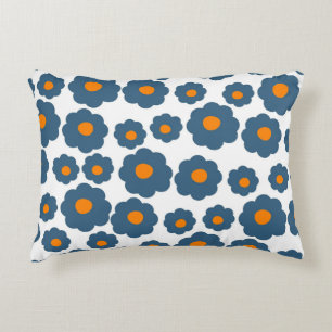 Whimsical Blue & Orange Floral Retro, Cheerful Accent Pillow
