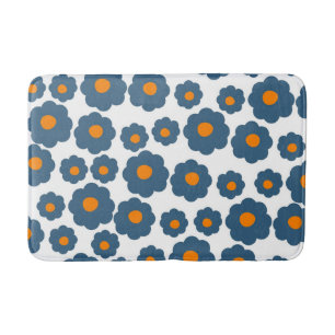 Whimsical Blue & Orange Floral Retro, Cheerful Bath Mat