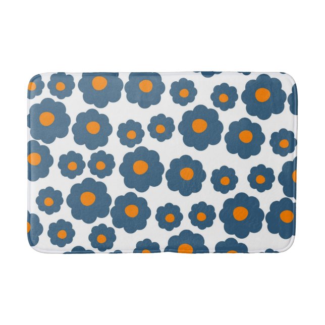 Whimsical Blue & Orange Floral Retro, Cheerful Bath Mat (Front)