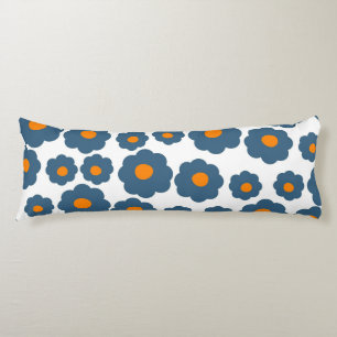 Whimsical Blue & Orange Floral Retro, Cheerful Body Pillow
