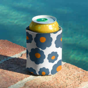 Whimsical Blue & Orange Floral Retro, Cheerful Can Cooler