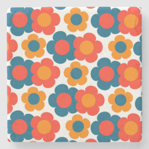 Whimsical Blue & Orange Floral Retro Cheerful Stone Coaster
