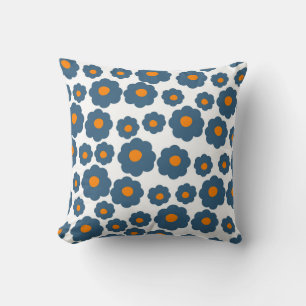 Whimsical Blue & Orange Floral Retro, Cheerful Throw Pillow