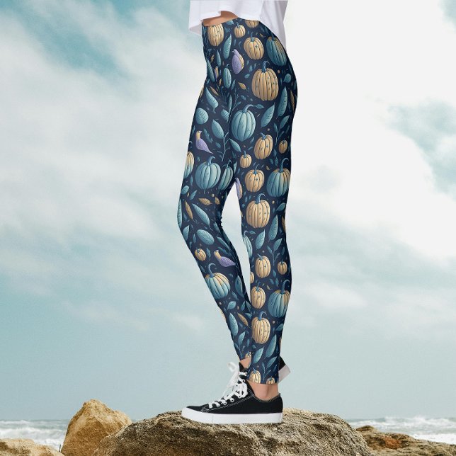 Whimsical Blue Orange Pumpkin Halloween Pattern  Leggings (Creator Uploaded)