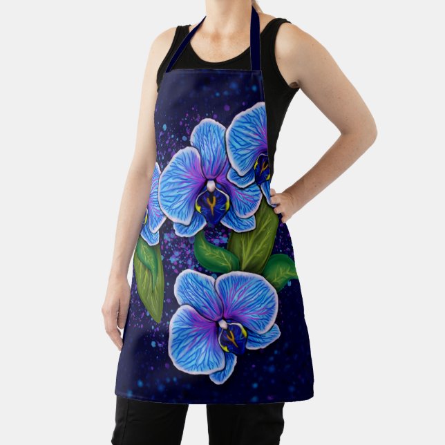 Whimsical Blue Orchid Flower Painting Apron (Insitu)