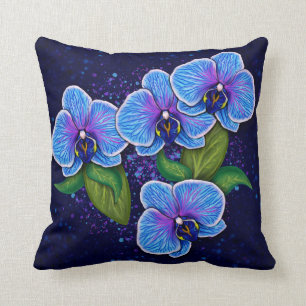 Whimsical Blue Orchid Flower Painting Throw Pillow