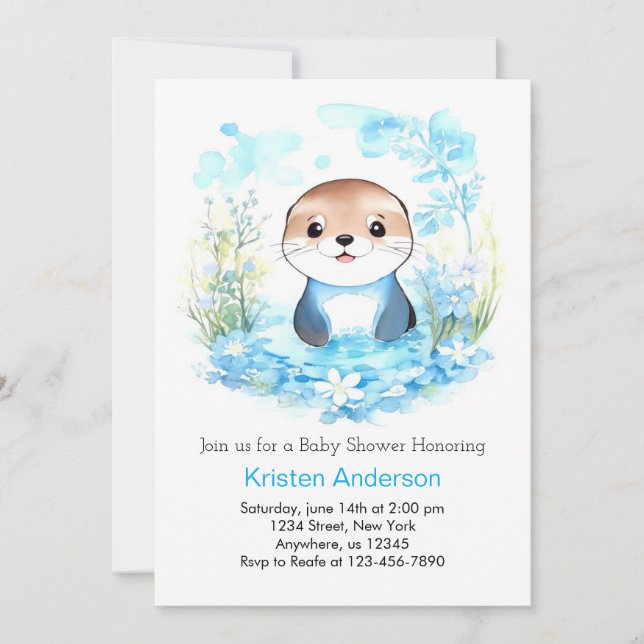 Whimsical Blue Otter Watercolor Boy Baby Shower Invitation (Front)
