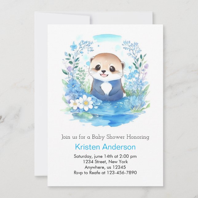 Whimsical Blue Otter Watercolor Boy Baby Shower Invitation (Front)