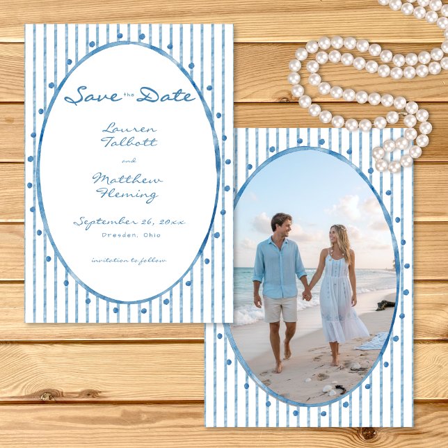 Whimsical Blue Oval Watercolor Stripe Photo Save The Date (Whimsical Blue Oval Watercolor Stripe Photo Save The Date)