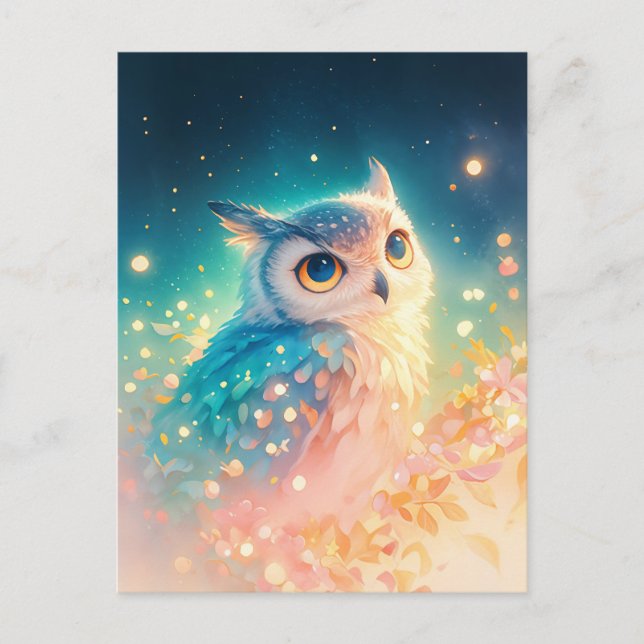 Whimsical Blue Owl in Glowing Forest Postcard (Front)