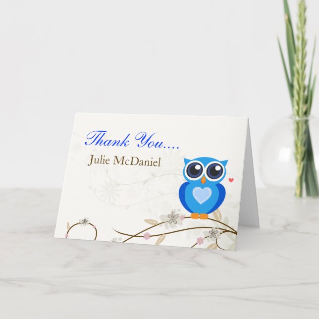 Whimsical Blue Owl Thank You Cards (Front)