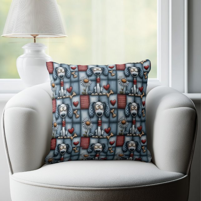 Whimsical Blue Patchwork Dog Pattern Throw Pillow (Creator Uploaded)