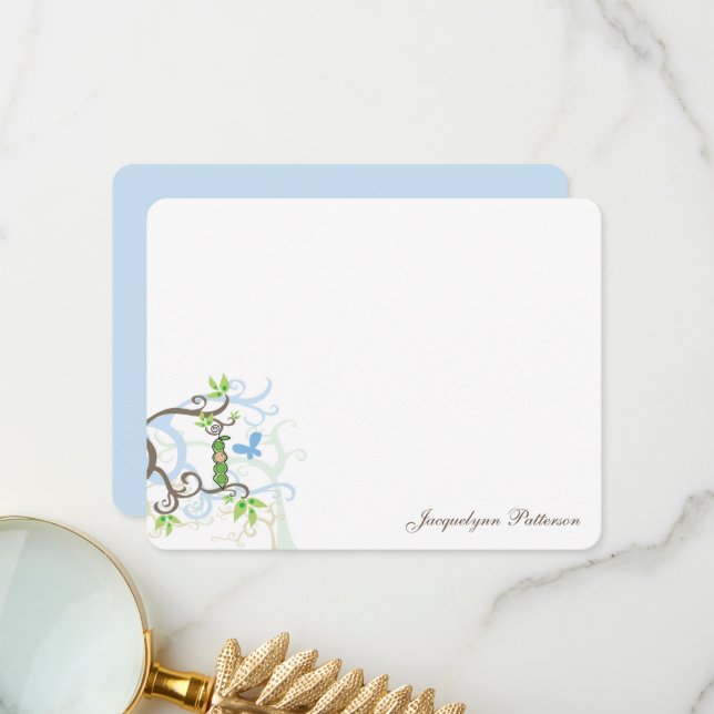 Whimsical Blue Pea in Pod Garden Baby Boy Shower Thank You Card (Front/Back In Situ)