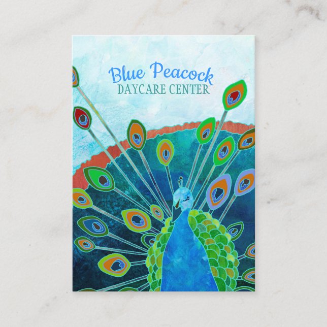 Whimsical Blue Peacock Childcare Business Card (Front)