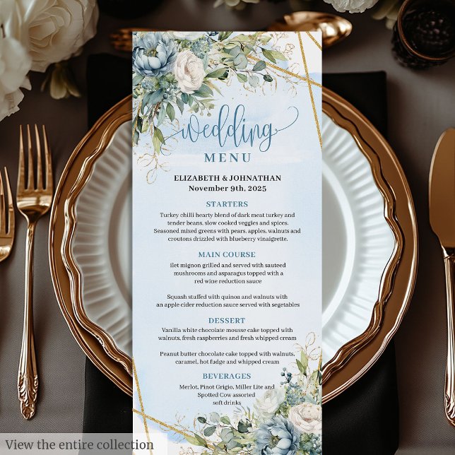 Whimsical Blue Peonies Gold Frame Dinner Menu (Whimsical Blue Peonies Gold Frame Dinner Menu

)
