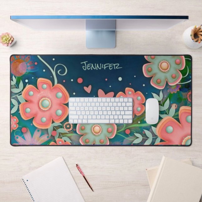 Whimsical Blue Pink Floral Heart Personalized Desk Mat (Creator Uploaded)